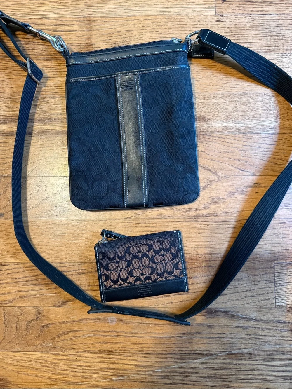 Coach Black Signature Crossbody Pouch with Leather Stripe